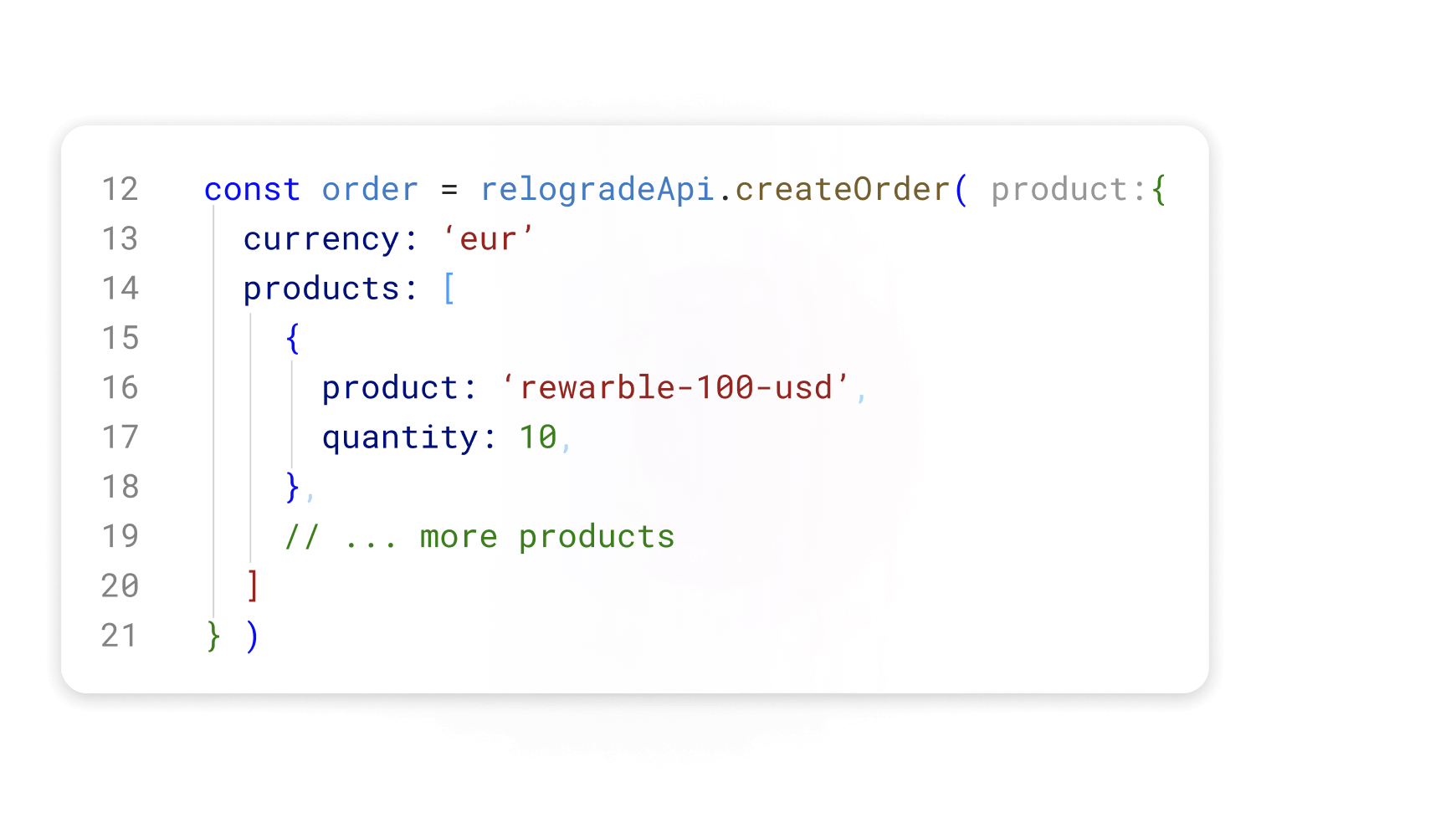 Code snippet showing the creation of an order using the 'relogradeApi.createOrder' function with product details, including currency and quantity of products